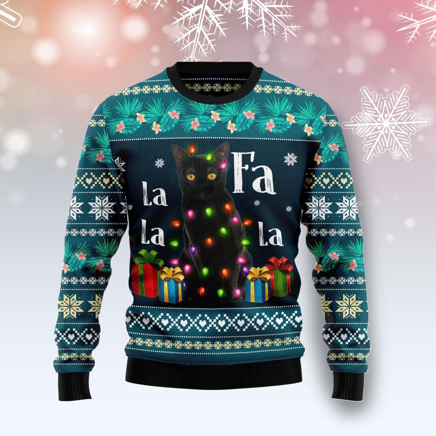 Black Cat Falalala Ugly Christmas Sweater Product Photo 1