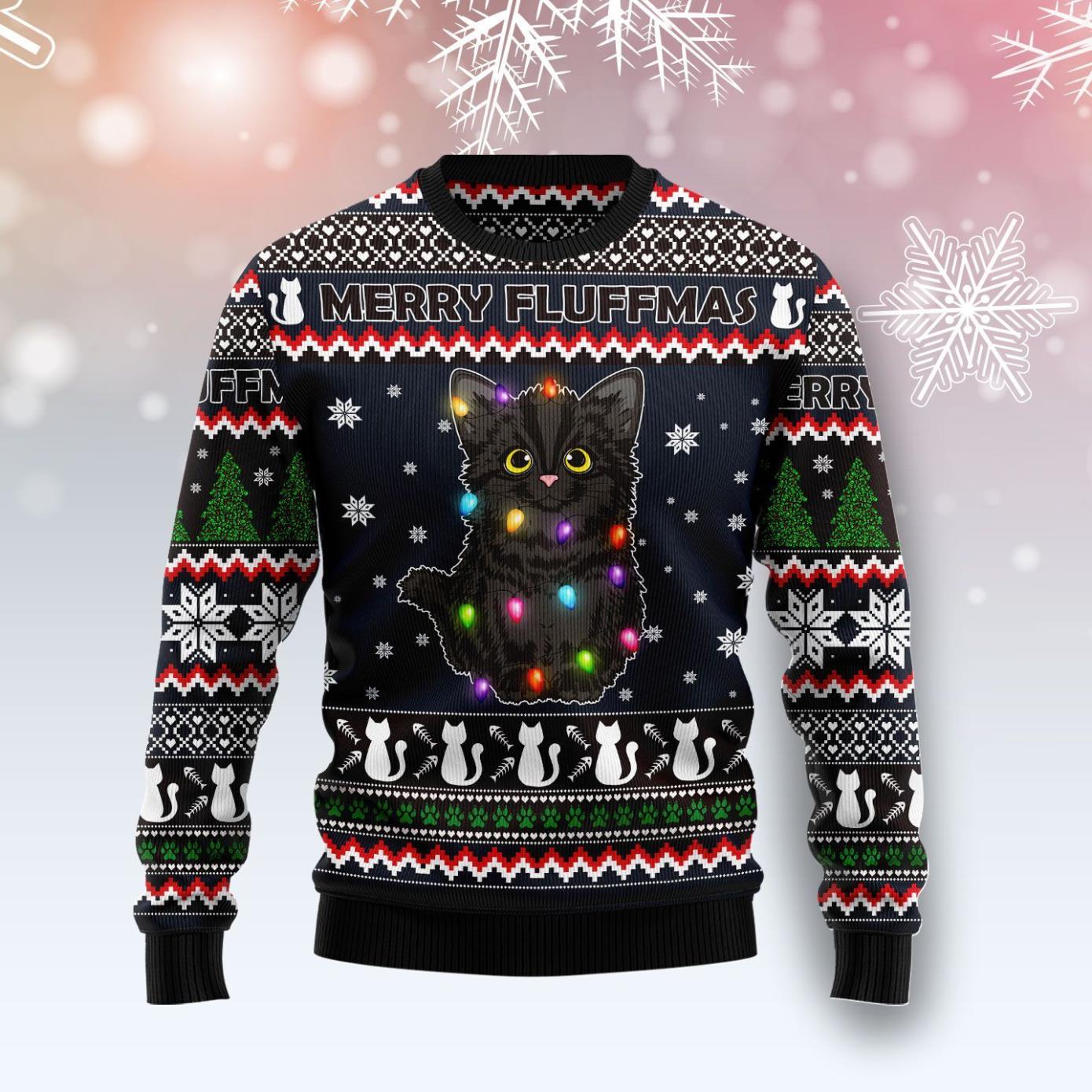 Black Cat Fluffmas Ugly Christmas Sweater Product Photo 1