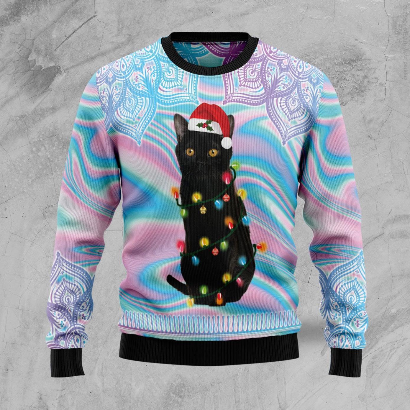 Black Cat Hologram Pattern Ugly Christmas Sweater Product Photo 1