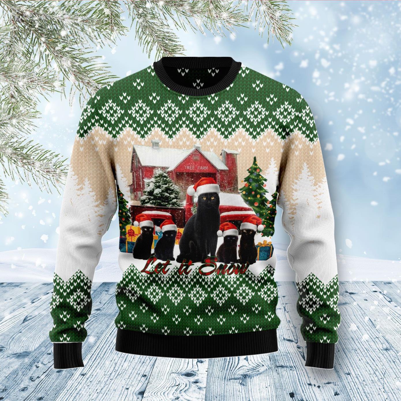 Black Cat Let It Snow Ugly Christmas Sweater Product Photo 1