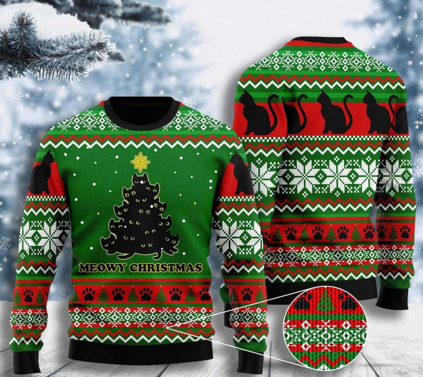 Black Cat Meowy Christmas Tree Ugly Christmas Sweater Product Photo 1