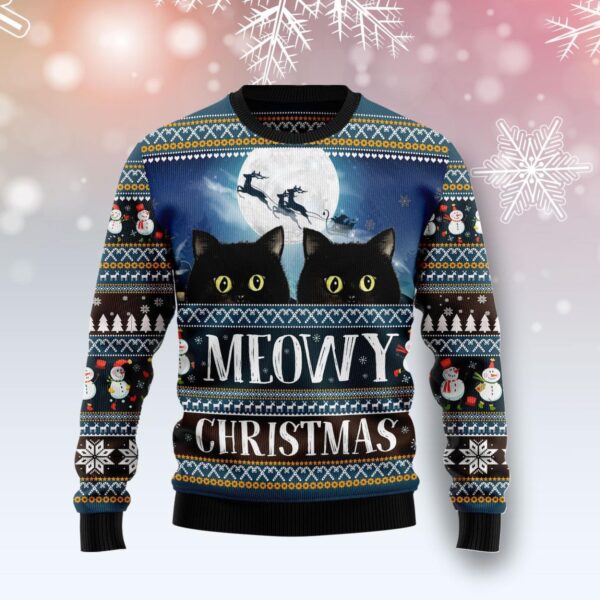 Black Cat Meowy Christmas Ugly Christmas Sweater Product Photo 1