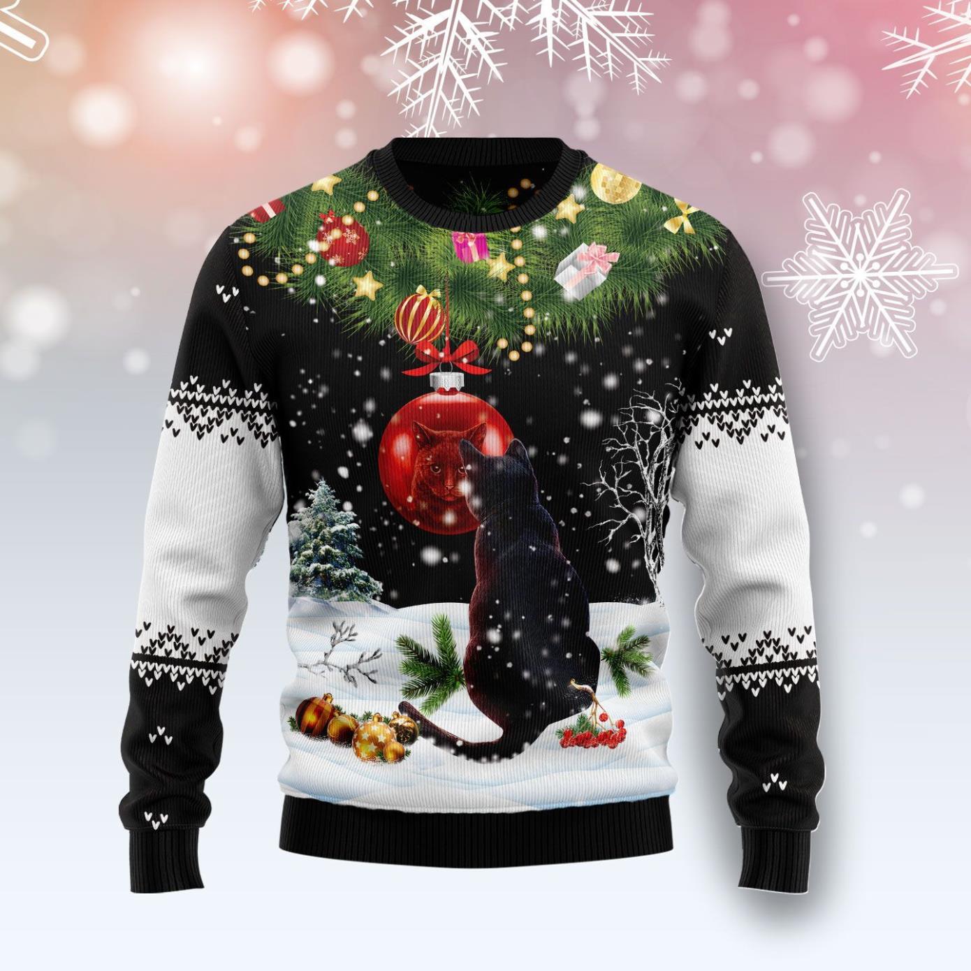 Black Cat Mirror Ugly Christmas Sweater Product Photo 1