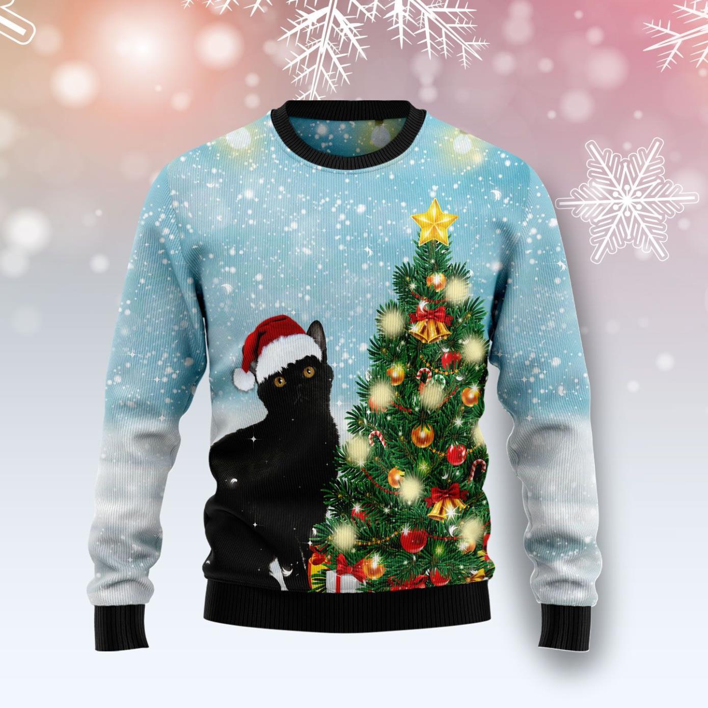 Black Cat Noel Tree Ugly Christmas Sweater Product Photo 1