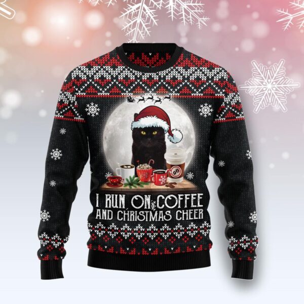 Black Cat Run On Coffee Ugly Christmas Sweater Product Photo 1