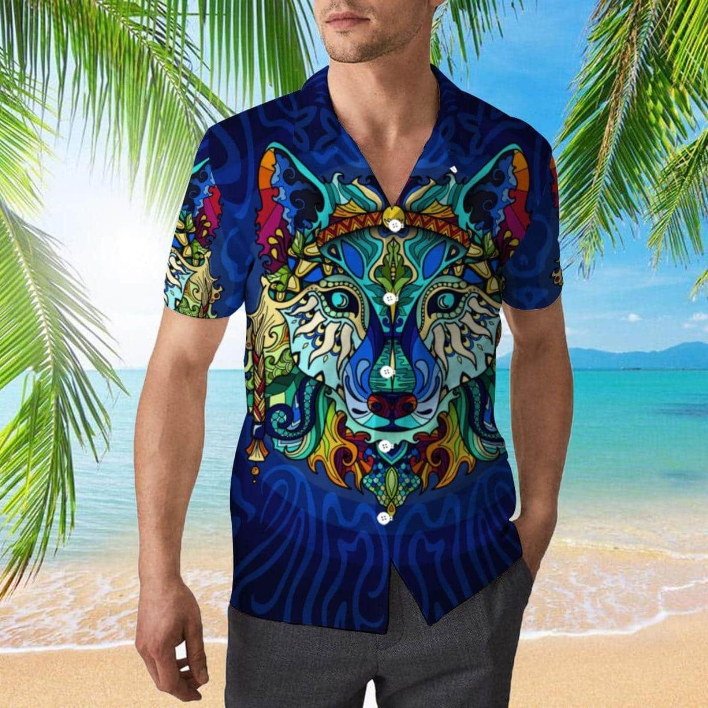 Boho Wolf Hippie Hawaiian Shirt Product Photo 1