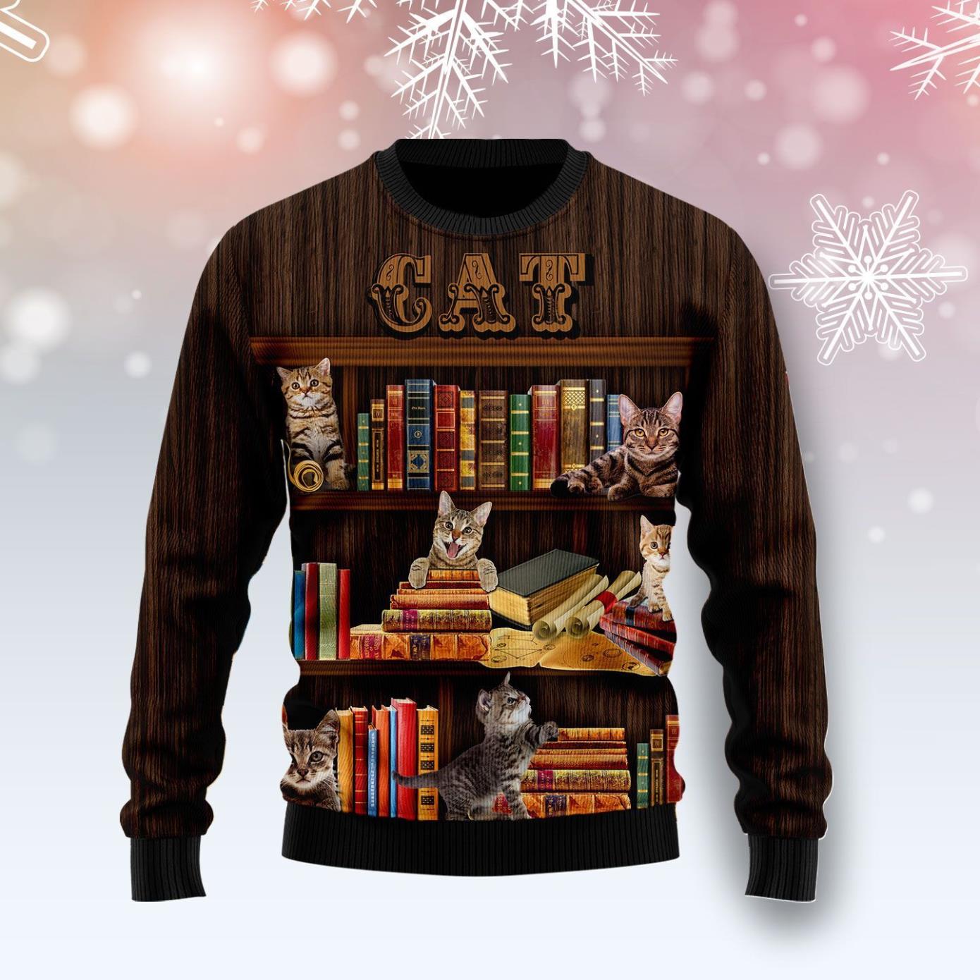 Cat Bookcase Ugly Christmas Sweater Product Photo 1