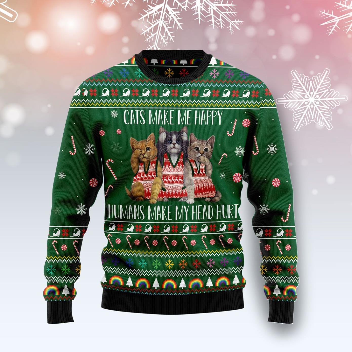 Cats Make Me Happy Ugly Christmas Sweater Product Photo 1