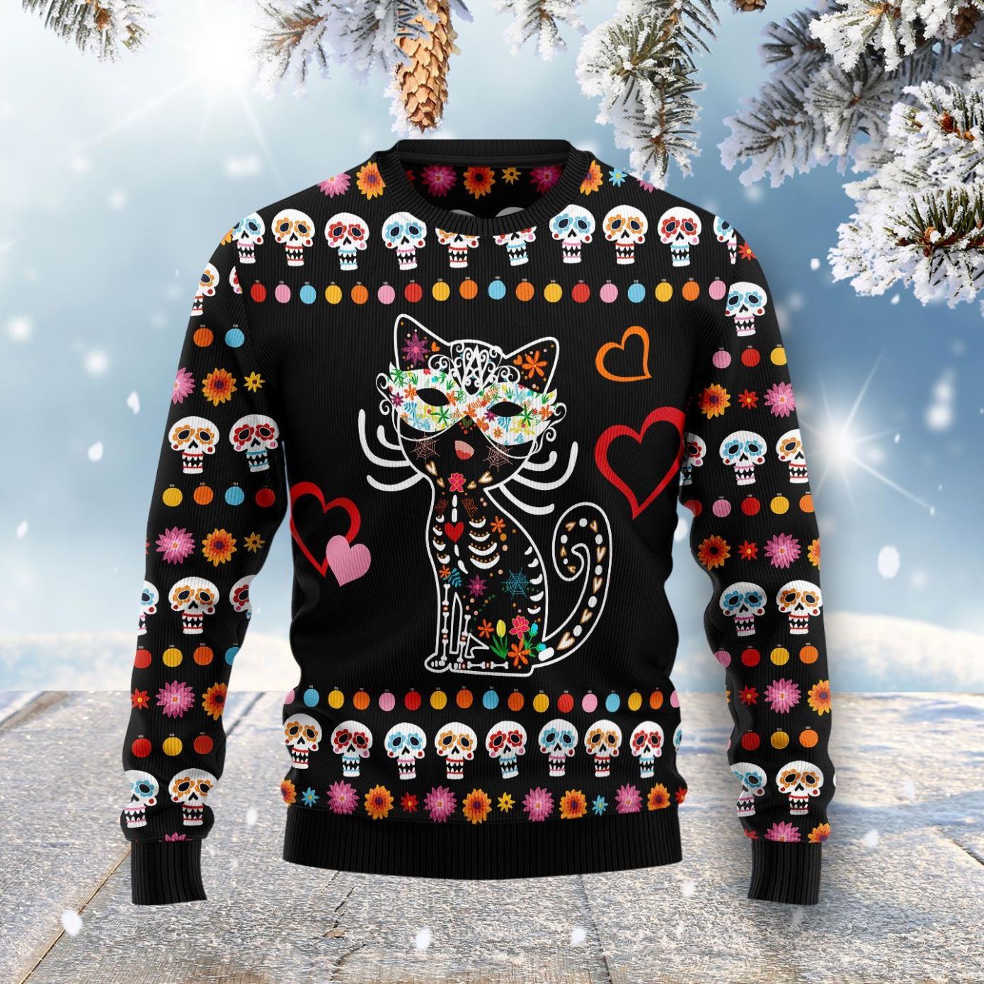 Day Of The Dead Black Cat Ugly Christmas Sweater Product Photo 1