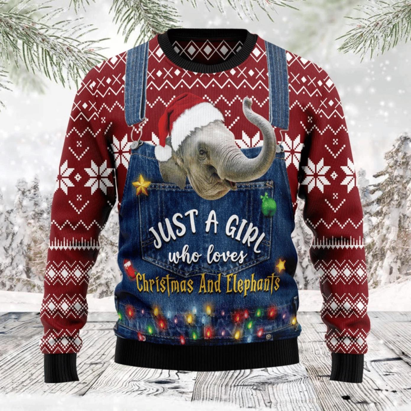 Just A Girl Who Loves Christmas And Elephants Ugly Christmas Sweater Product Photo 1