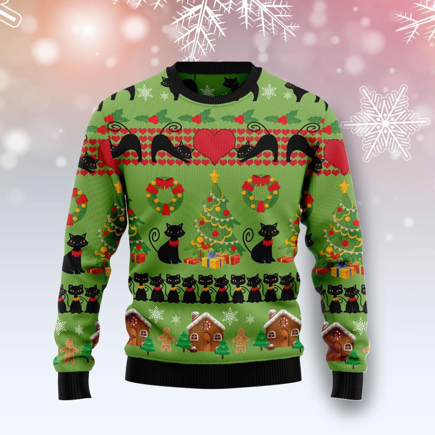 Love Black Cat Ugly Christmas Sweater Product Photo 1