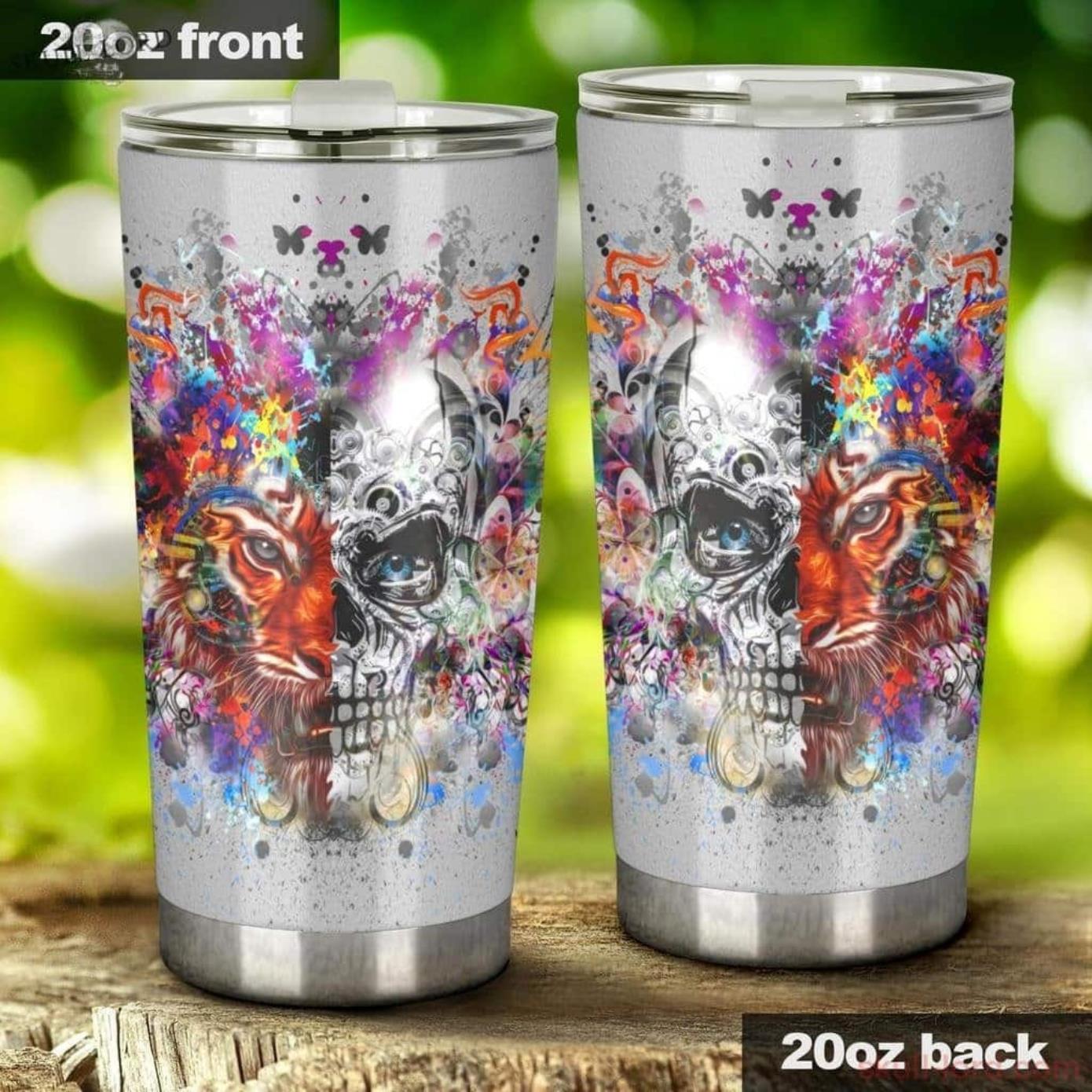 Tiger Head With Half Skull Stainless Steel Tumbler Product Photo 1